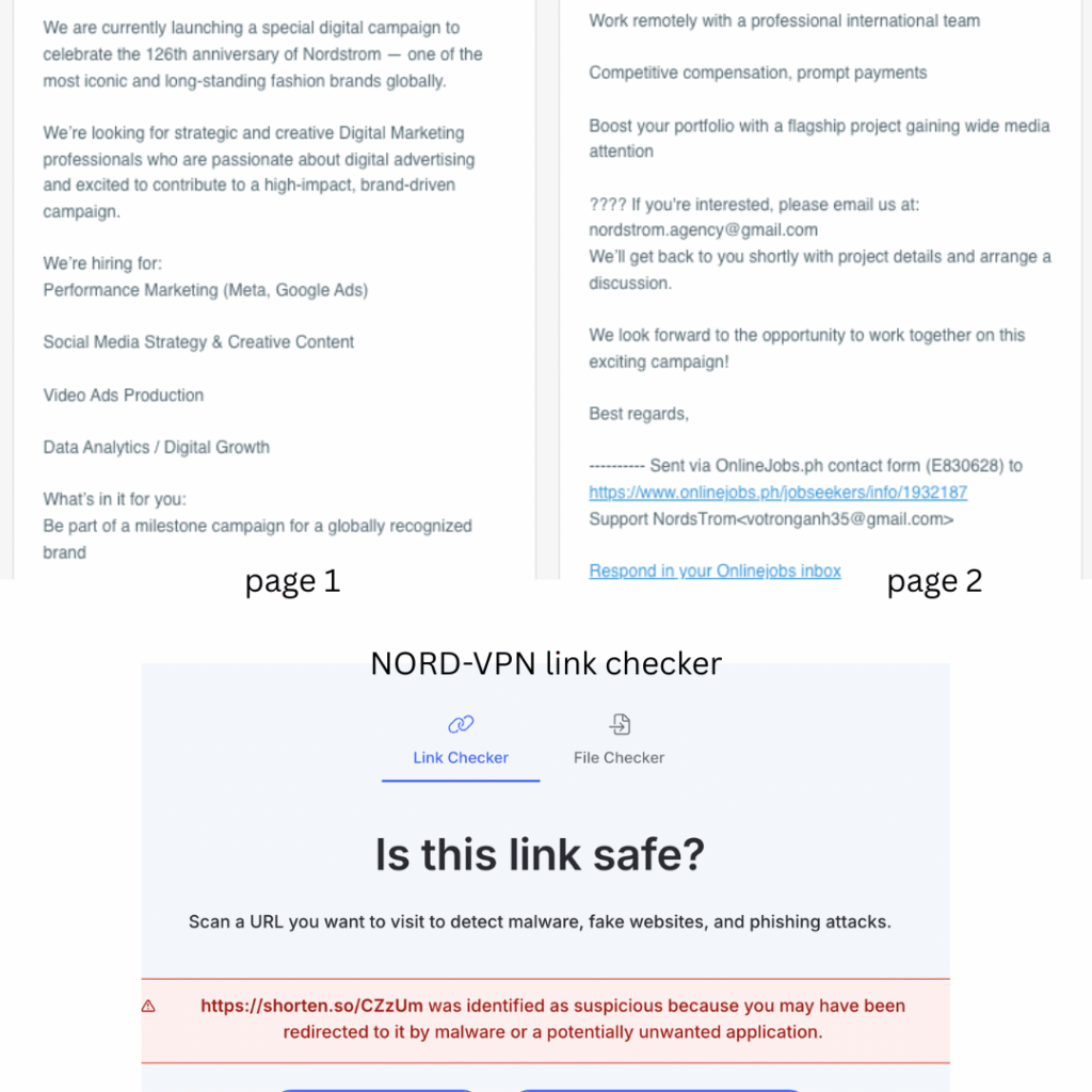 Direct message from a scammer in onlinejobs.ph. NordVPN link checker says its suspicious